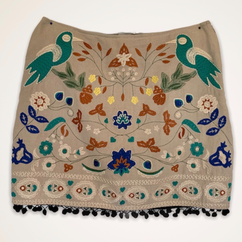 Umgee Embroidered Skirt w/Green Birds & Poms